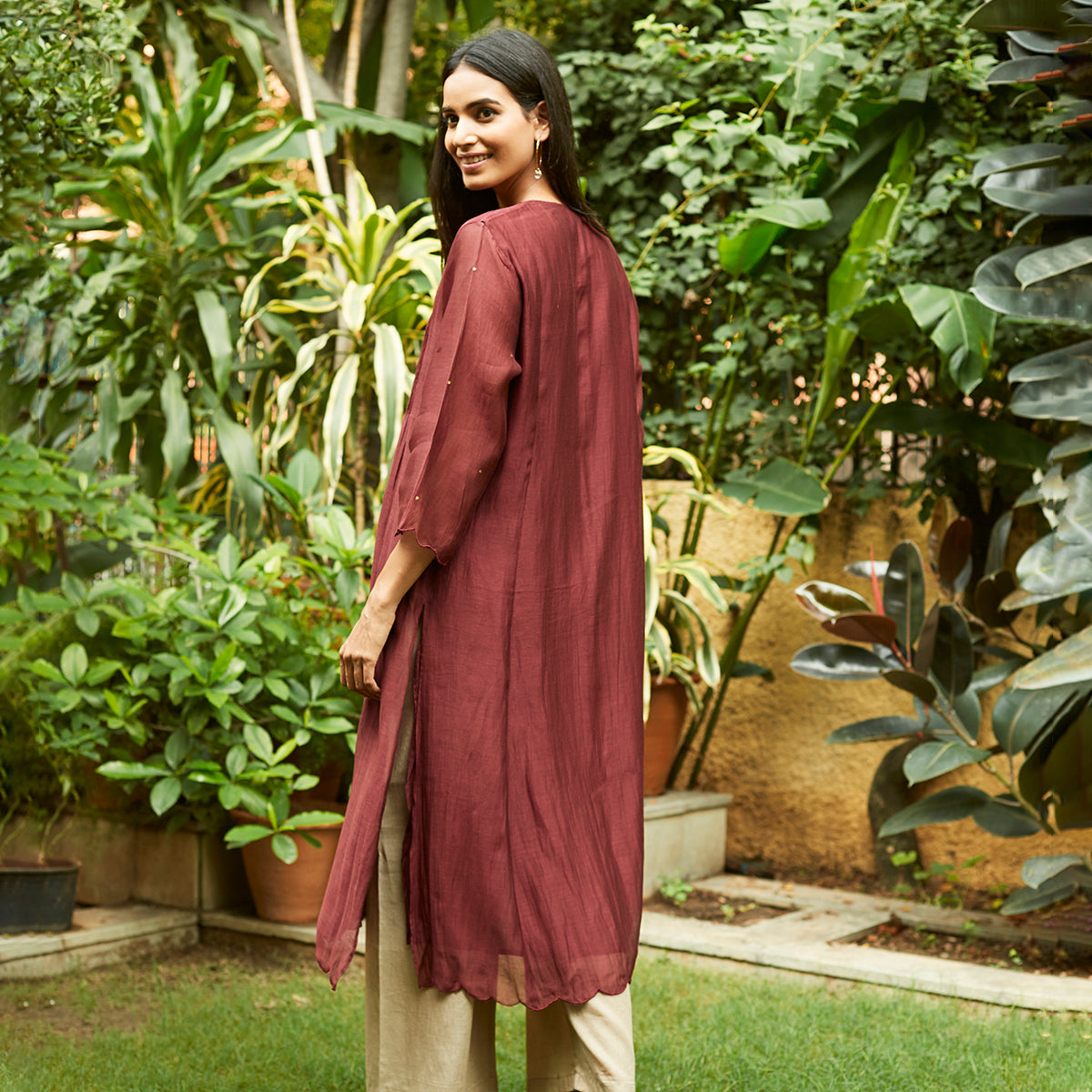 Buy Jaipur Kurti Maroon Color Polka Self Weave Georgette Tiered Lace  Inserted Dress online